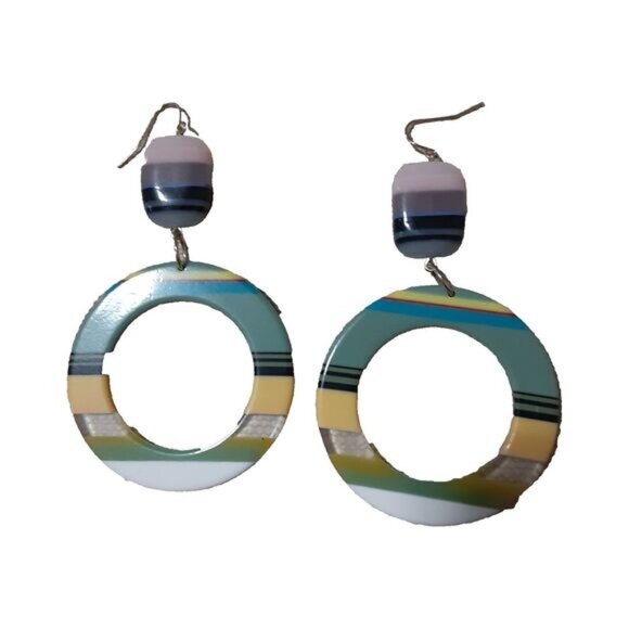 Fun 3.5" acrylic hoop earrings tones sage green teal yellow hook closure - Picture 1 of 2